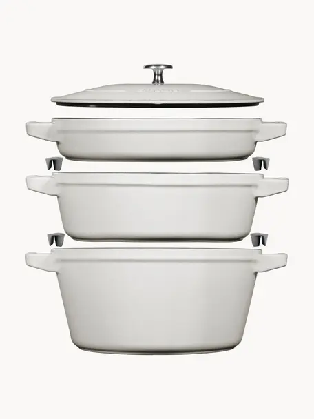 Set de casseroles en fonte La Cocotte, 3 élém., Fonte, émaillée, Blanc cassé, haute brillance, Lot de tailles variées