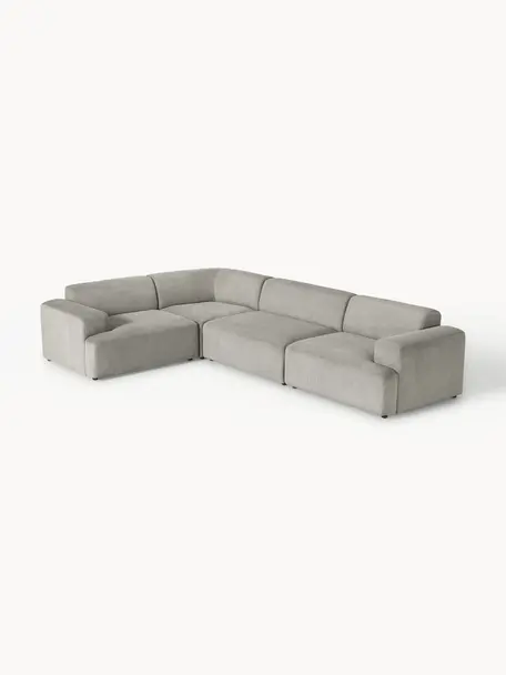 Großes Ecksofa Melva (4-Sitzer) aus Cord, Bezug: Cord (92 % Polyester, 8 %, Gestell: Massives Kiefernholz, Spe, Füße: Kunststoff Dieses Produkt, Cord Grau, B 339 x T 220 cm, Eckteil links