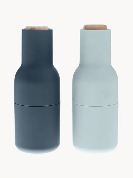 Designer peper- en zoutmolen Bottle Grinder met houten deksel, set van 2, Deksel: hout, Donkerblauw, lichtblauw, hout, Ø 8 x H 21 cm