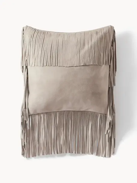 Housse de coussin 50x50 en cuir avec franges Amaia, 100 % cuir, Beige, larg. 50 x long. 50 cm