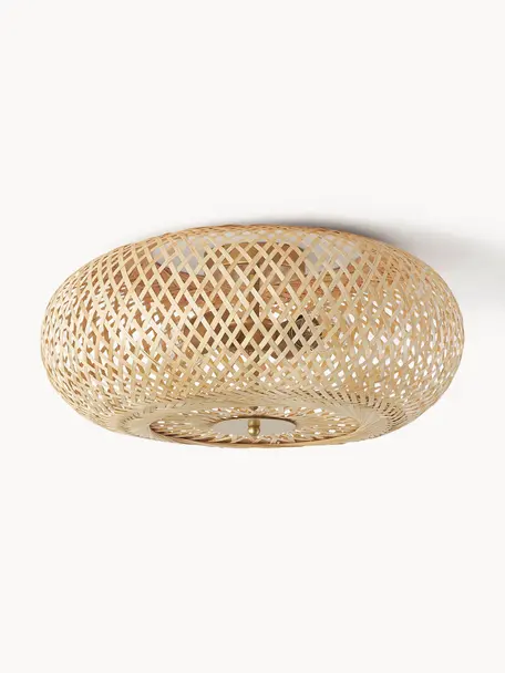 Dizajnové stropné svietidlo z bambusu Evelyn, Svetlobéžová, odtiene zlatej, Ø 50 x V 20 cm