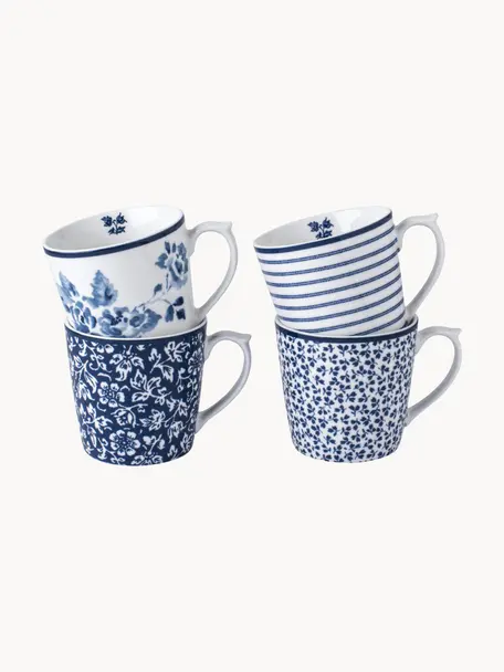 Tassen Candy Rose mit blauem Muster, 4er-Set, Fine Bone China, Weiß, Blau, Ø 9 x H 9 cm, 320 ml