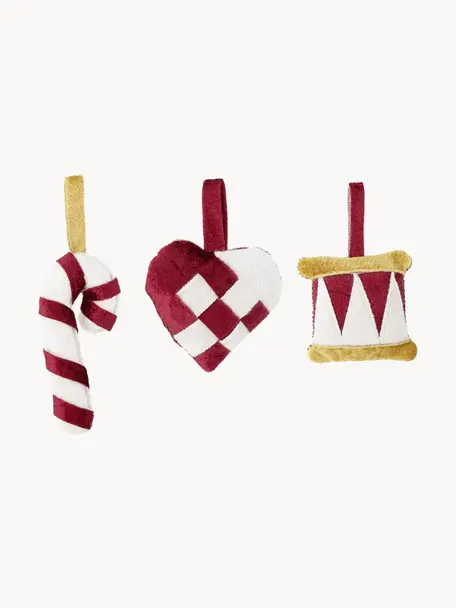 Kerstboomhangers Velua, set van 3, 100% polyester, Rood, wit, Set met verschillende formaten