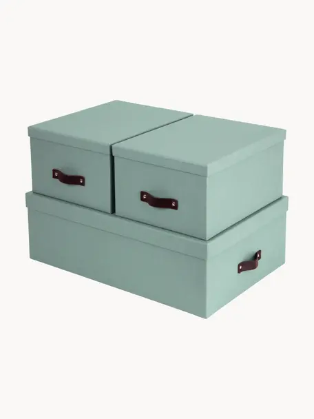 Aufbewahrungsboxen Inge, 3er-Set, Griffe: Leder, Salbeigrün, Set mit verschiedenen Größen