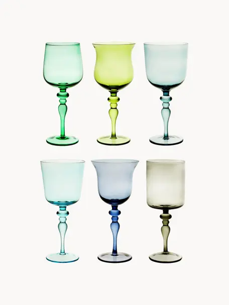 Mundgeblasene Weingläser Diseguale in unterschiedlichen Farben und Formen, 6er-Set, Glas, mundgeblasen, Bunt, transparent, Ø 8 x H 20 cm, 200 ml