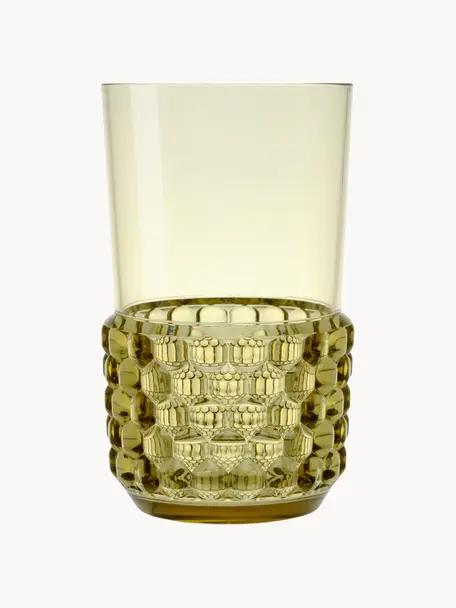 Verres à eau avec surface texturée Jellies, 4 pièces, Plastique, Vert olive, Ø 9 x haut. 15 cm, 600 ml