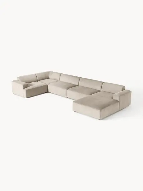 Divano angolare XL in velluto a coste Melva, Rivestimento: velluto a coste (92% poli, Struttura: legno massiccio di pino e, Piedini: plastica Questo prodotto , Velluto a coste beige chiaro, Larg. 458 x Prof. 220 cm, chaise-longue a sinistra