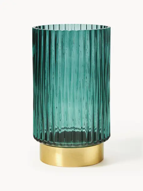 Jarrón de vidrio con base de metal Lene, Jarrón: vidrio, Azul petróleo, dorado, Ø 12 x Al 20 cm