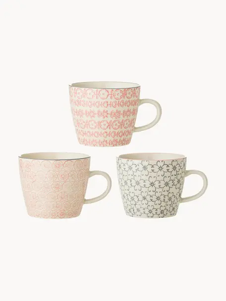 Tasses maison de campagne Cécile, 3 élém., Grès cérame, Beige, gris, rose, Ø 10 x haut. 8 cm, 300 ml