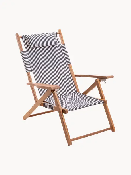 Sedia a sdraio pieghevole Tommy, Seduta: 50% cotone, 50% poliester, Struttura: legno di teak, Blu scuro, bianco, legno di teak, Larg. 66 x Alt. 87 cm