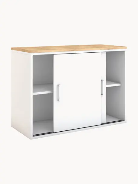 Holz-Büroschrank Allvia mit Schiebetüren, Korpus: Spanplatte, melaminharzbe, Griffe: Metall, pulverbeschichtet, Weiß, Helle Holzoptik, B 100 x H 74 cm