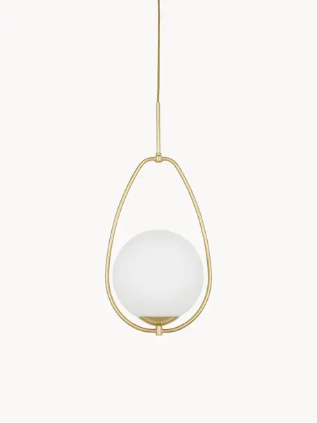 Lámpara de techo pequeña de vidrio opalino Avalon, Pantalla: vidrio, Estructura: metal pintado, Anclaje: metal pintado, Cable: plástico, Blanco, dorado, Ø 39 x Al 52 cm