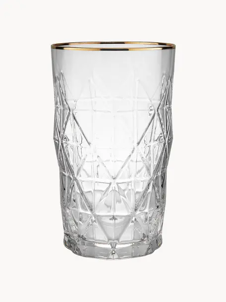 Vasos highball con relieves Upscale, 6 uds., Vidrio, Transparente, dorado, Ø 8 x Al 14 cm, 460 ml