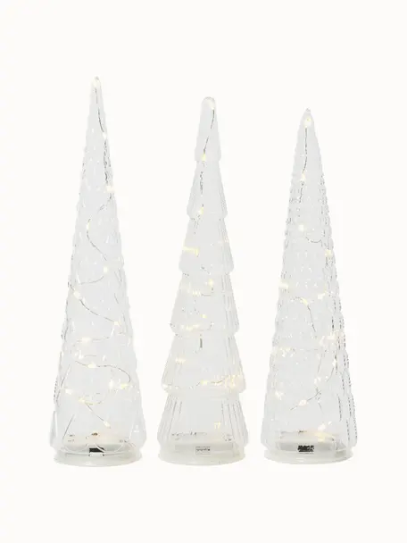 Set de árboles de Navidad LED Cristal, 3 uds, a pilas con temporizador, Vidrio, Transparente, Ø 9 x Al 35 cm