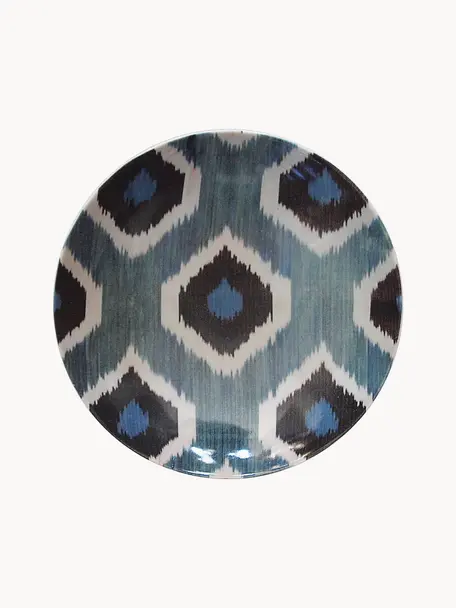 Plat de service en porcelaine fait main Ikat, Porcelaine, Bleu pétrole, noir, blanc, Ø 22 cm