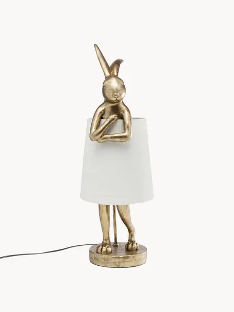 Grote design tafellamp Rabbit, Lampenkap: linnen, Lampvoet: polyresin, Stang: gepoedercoat staal, Wit, goud, Ø 23 x H 68 cm