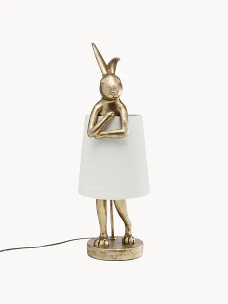 Grosse Design Tischlampe Rabbit, Lampenschirm: Leinen, Stange: Stahl, pulverbeschichtet, Weiss, Goldfarben, Ø 23 x H 68 cm