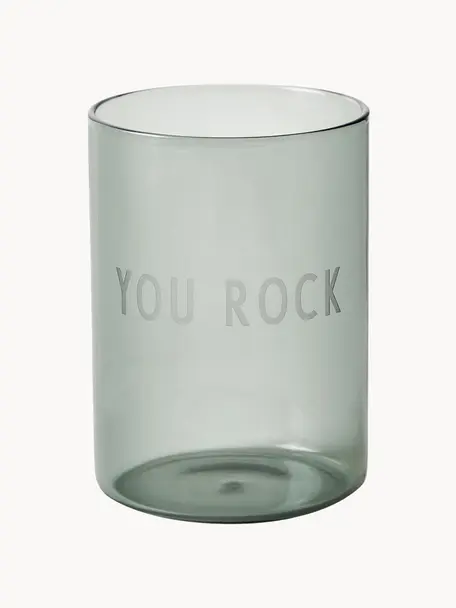 Bicchiere di design con scritta Favorite YOU ROCK, Vetro borosilicato, Nero (You rock), Ø 8 x Alt. 11 cm, 350 ml