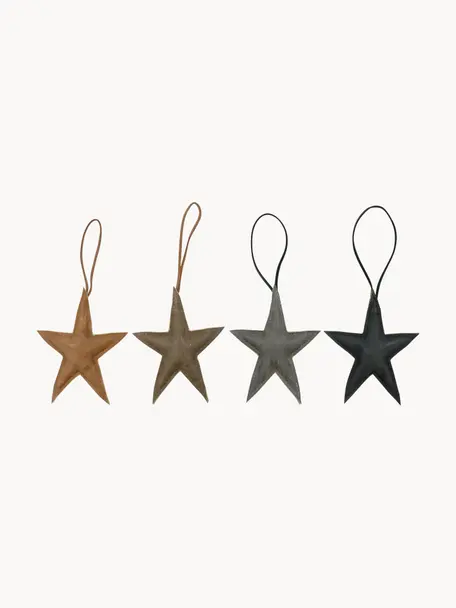 Adornos navideños de cuero Star, 4 uds., Cuero, Marrón, gris, negro, An 10 x Al 13 cm