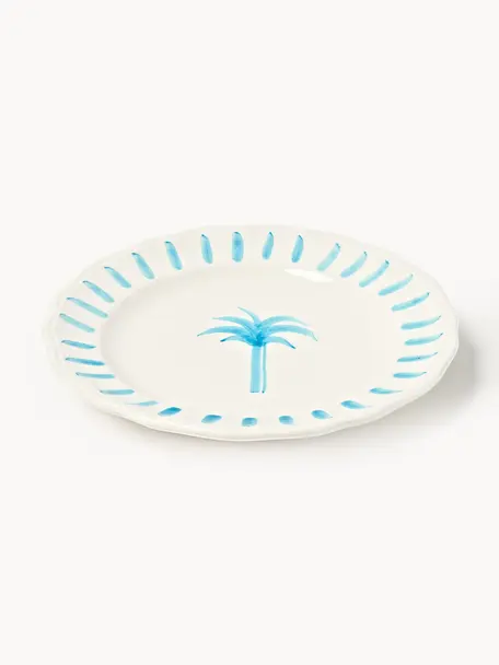 Plato postre pintado a mano The Palms, Cerámica, Blanco, azul, Ø 21 cm