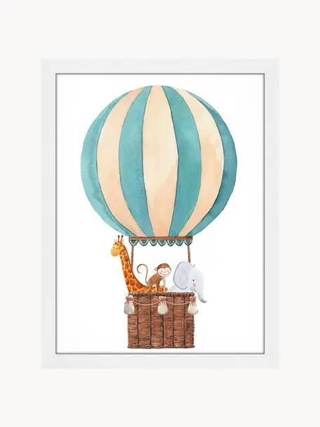 Oprawiony druk cyfrowy Balloon with Animals, Biały, wielobarwny, S 33 x W 43 cm