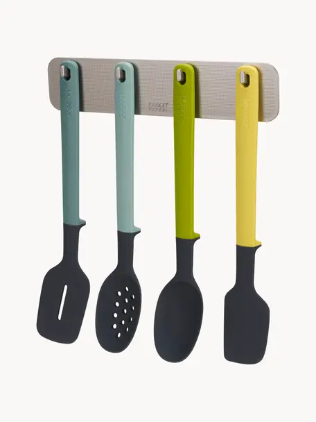 Keukengerei Door Store met opbergstrip, set van 5, Keukengerei: kunststof, Handvatten: silicone, Groen- en blauwtinten, Set met verschillende formaten