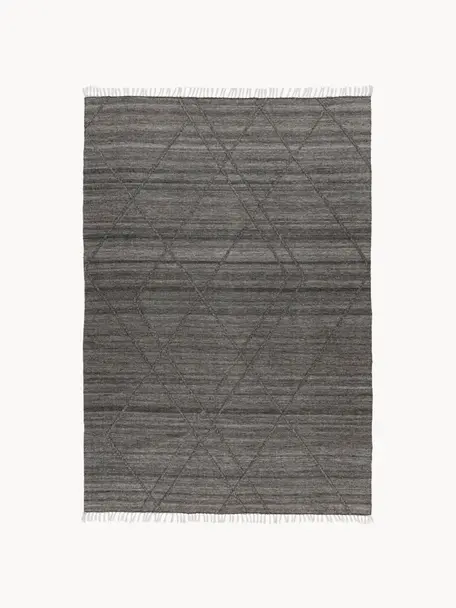 Ručně tkaný interiérový a exteriérový koberec s různou výškou povrchu a třásněmi Dakar, 100 % polyethylen, Antracitová, Š 80 cm, D 150 cm (velikost XS)