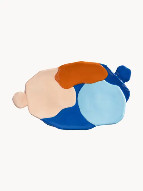Handbemalte Servierplatte Chunky aus Porzellan, Porzellan, Rosa, Orange, Hellblau, Dunkelblau, B 28 x T 16 cm