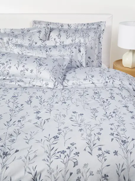 Housse de couette en satin de coton avec imprimé floral et ourlet Hurley, Bleu ciel, bleu, larg. 200 x long. 200 cm