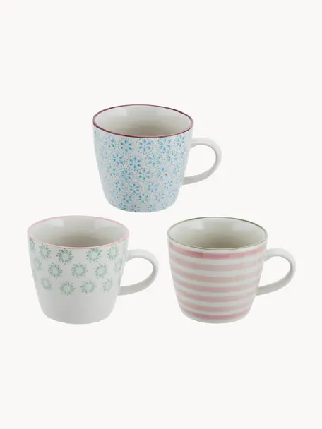 Komplet ręcznie malowanych kubków Patrizia, 3 elem., Kamionka, Kremowobiały, zielony, czerwony, niebieski, Ø 10 x W 8 cm, 300 ml