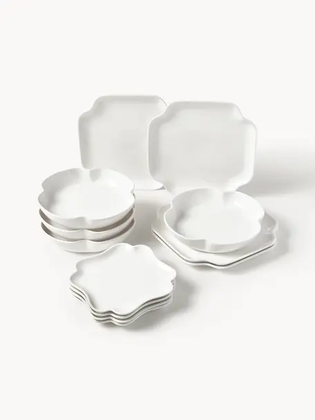 Porzellan-Geschirr-Set Nera, 4 Personen (12-tlg.), Porzellan, glasiert, Weiß, glänzend, 4 Personen (12-tlg.)