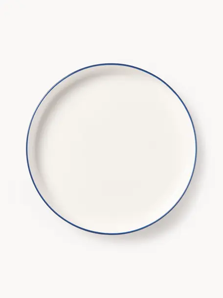 Platos llanos de porcelana Facile, 2 uds., Porcelana dura de alta calidad (aprox. 50% caolín, 25% cuarzo y 25% feldespato), Blanco Off White con borde azul oscuro, Ø 25 x Al 3 cm