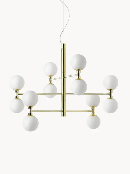 Lampada a sospensione grande con sfere in vetro opale Grover, Paralume: vetro opale, Bianco, dorato, Ø 70 x Alt. 56 cm