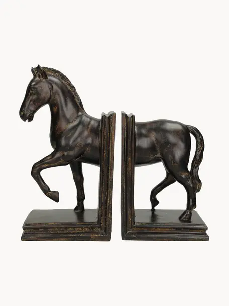 Handgefertigte Buchstützen Horse, 2er-Set, Kunststoff, Dunkelbraun mit Antik-Finish, B 26 x H 24 cm