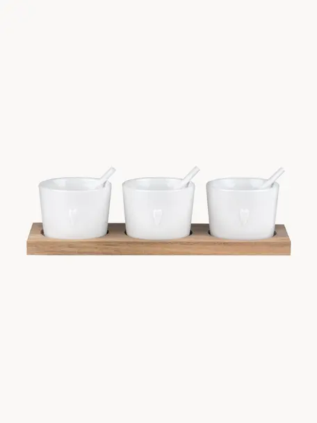 Set de cuencos artesanales de porcelan Heart, 7 pzas., Bandeja: madera, Blanco, madera, An 22 x Al 6 cm