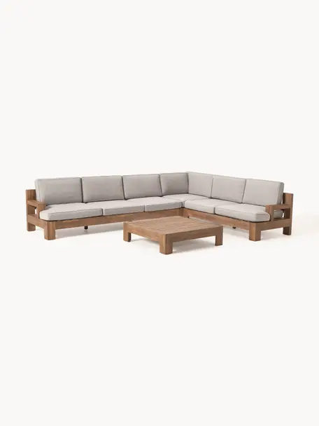 Set lounge para exterior de madera de acacia Joshua, 4 pzas., Tapizado: 100% poliéster (resistent, Gris claro, madera de acacia pintado, An 326 x F 248 cm