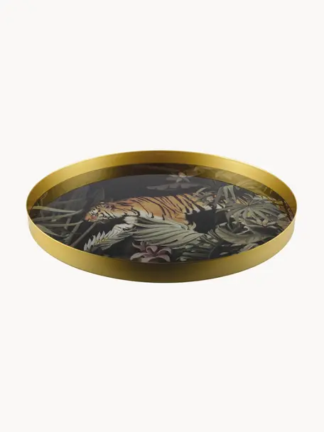 Rundes Serviertablett Tiger, Metall, beschichtet, Mehrfarbig, Goldfarben, Ø 40 cm