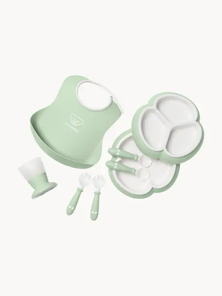 Set di 8 stoviglie per bambini con bavaglino Bliss, Plastica, Verde salvia, bianco, Larg. 17 x Alt. 13 cm