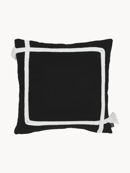 Baumwoll-Kissenhülle Piazza mit Quasten, 100% Baumwolle, Schwarz, Weiß, B 50 x L 50 cm