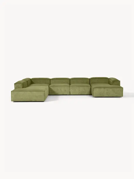 Canapé lounge modulable en velours côtelé Lennon, Velours côtelé vert foncé, larg. 418 x prof. 269 cm, méridienne à gauche