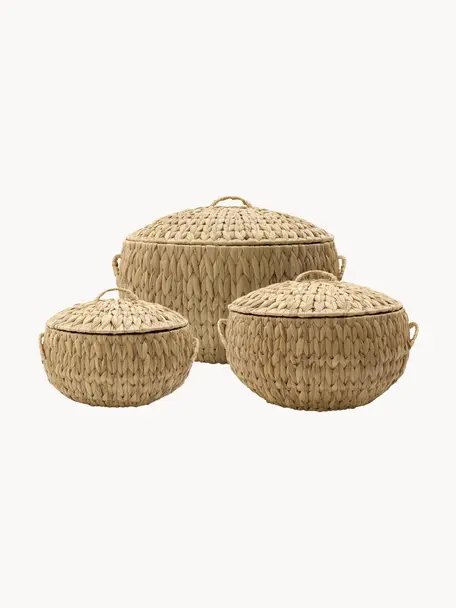 Set de cestas Rata, 3 uds., Cesta: jacintos de agua, Estructura: alambre de acero, Beige, Set de diferentes tamaños