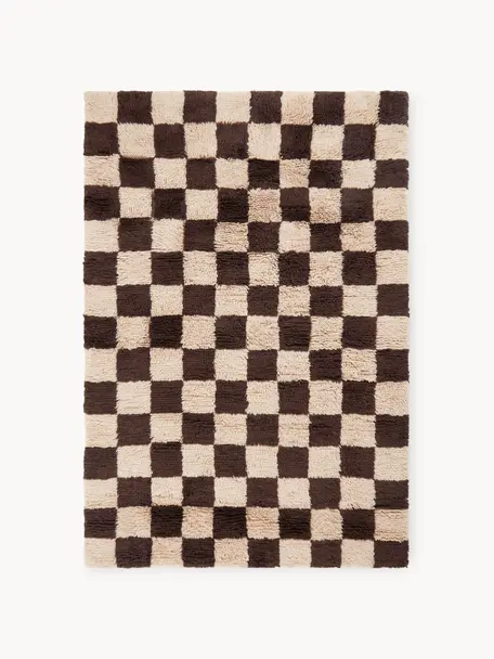 Ručně tkaný koberec s vysokým vlasem Sid, 20 % vlna, 80 % bavlna, Světle béžová, tmavě hnědá, Š 200 cm, D 300 cm (velikost L)