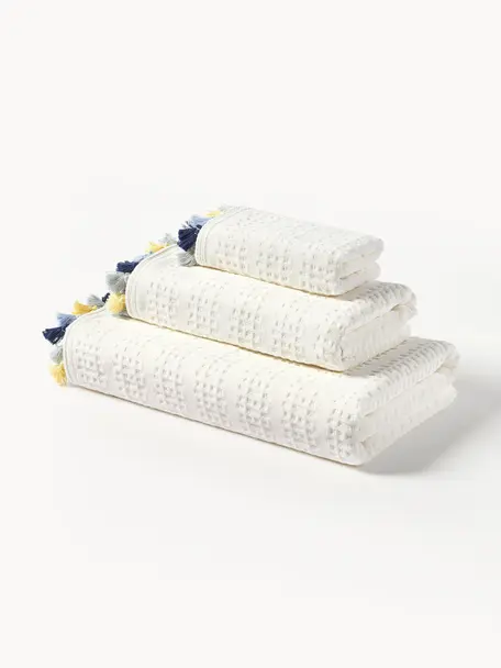 Lot de serviettes de bain en velours avec franges Niam, 3 élém., Blanc crème, multicolore, 3 éléments (1 serviette invité, 1 serviette de toilette et 1 drap de bain)