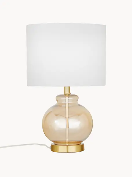 Tischlampe Natty mit Glasfuß, Lampenschirm: Textil, Lampenfuß: Glas, Sockel: Messing, gebürstet, Bernsteinfarben, Weiß, Ø 31 x H 48 cm
