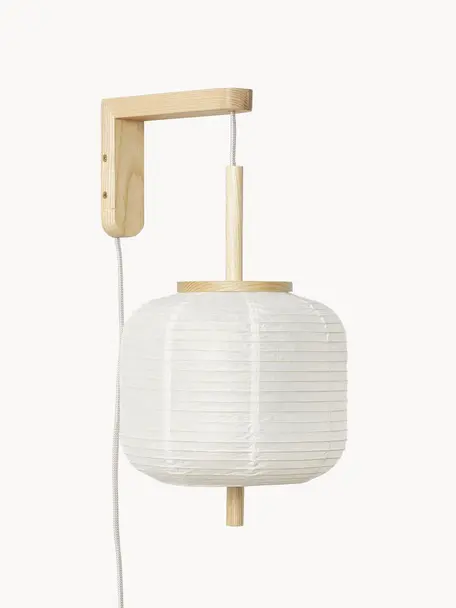 Design wandlamp Misaki uit rijstpapier, Lampenkap: rijstpapier, Decoratie: hout, Wit, helder hout, Ø 30 x H 60 cm