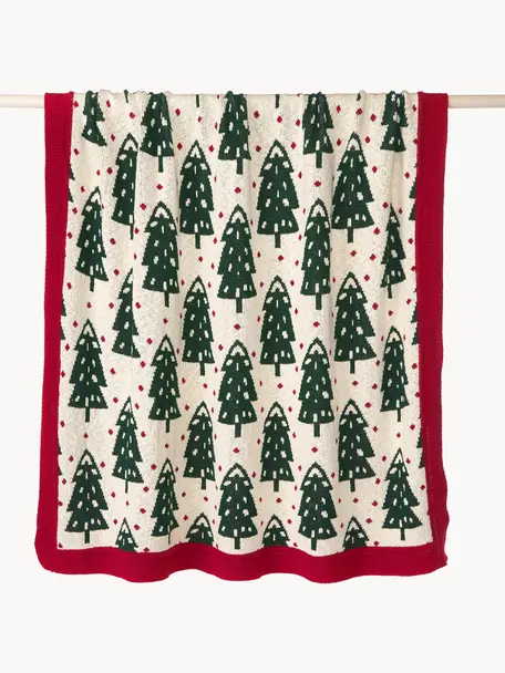 Bavlněný pléd s vánočním motivem Noeleen, 100 % bavlna, Červená, tlumeně bílá, tmavě zelená, Š 130 cm, D 170 cm