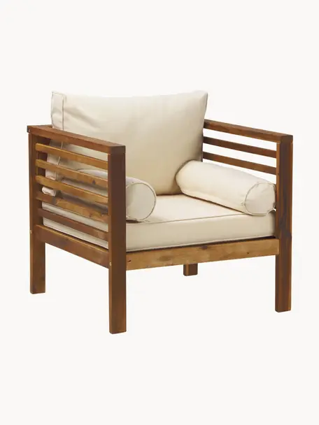 Poltroncina da giardino Bo, Rivestimento: poliestere (resistente ai, Struttura: legno massiccio di acacia, Tessuto beige, legno di acacia, Larg. 72 x Alt. 64 cm