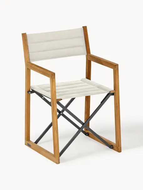 Sedia da giardino in legno di teak fatta a mano Loft, Seduta: tessuto acrilico, Struttura: legno di teak, alluminio,, Tessuto bianco crema, legno di teak, Larg. 56 x Prof. 55 cm