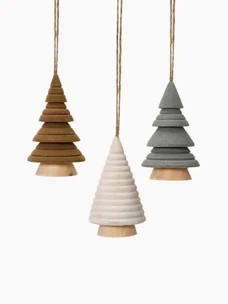 Set 3 addobbi per albero a forma di abete Maggie, Pannello MDF (fibra a media densità), Legno, grigio, marrone, bianco crema, Ø 6 x Alt. 10 cm