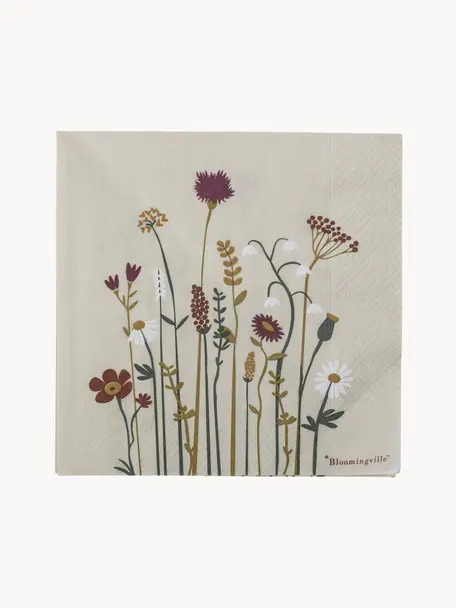 Serviettes en papier à motif floral Paige, 20 pièces, Carton, Beige, tons rouges, larg. 33 x long. 33 cm